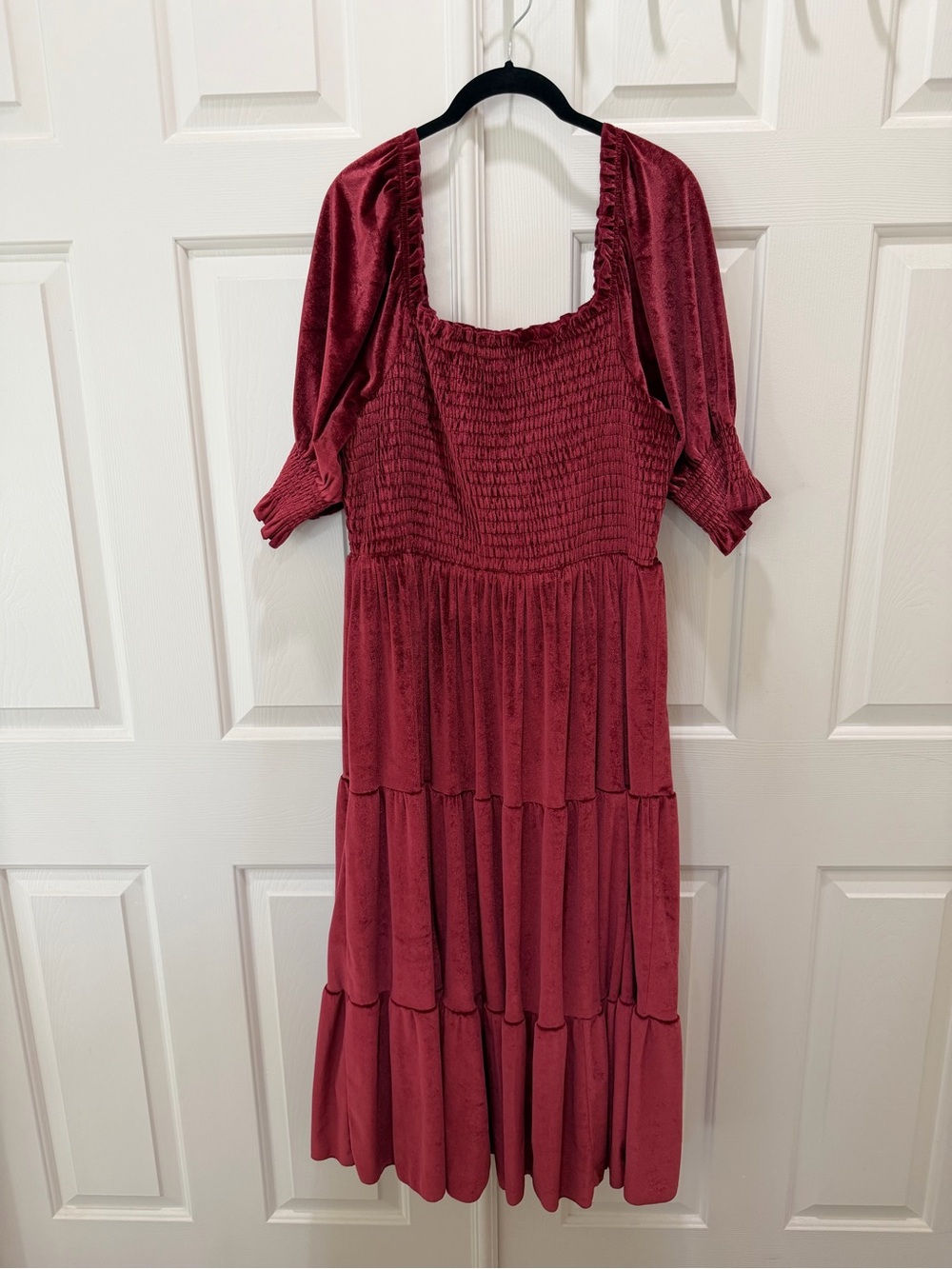 Baltic Born 1XL Wine Velvet Smocked Puff Sleeve Tiered Maxi Dress Wedding